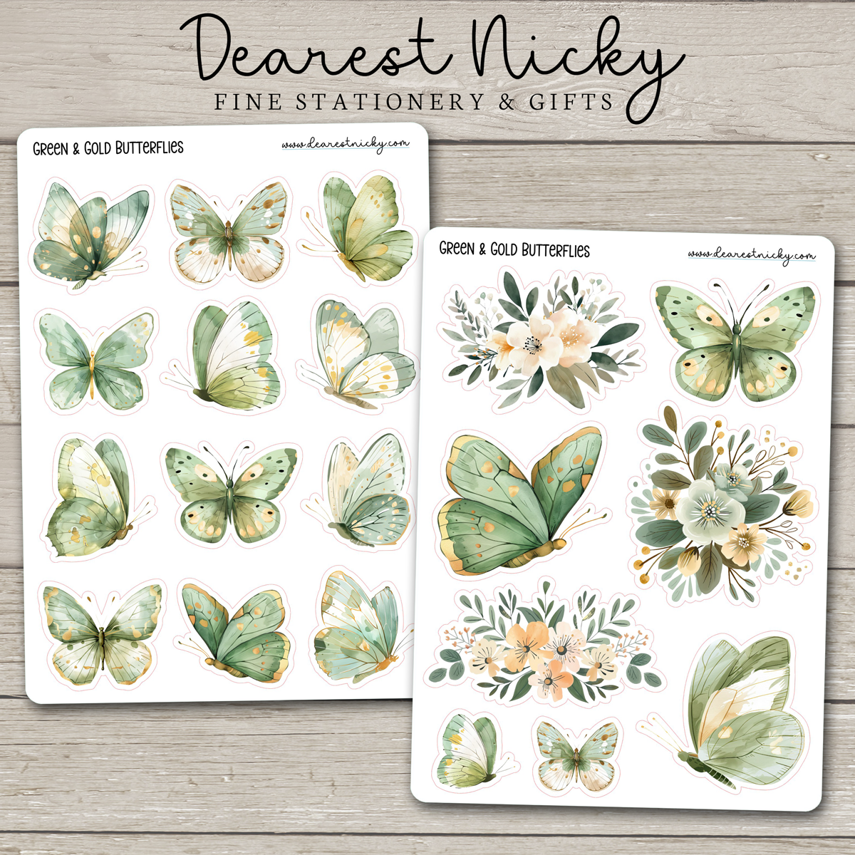 Green & Gold Butterflies Stickers - 2 Sheets
