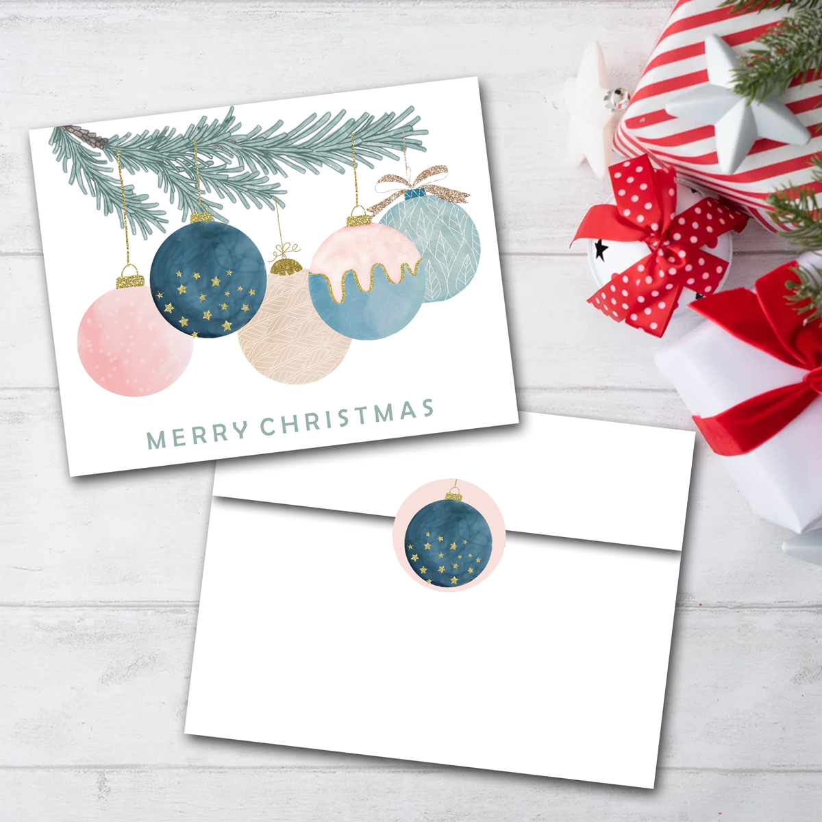 Ornaments Christmas Cards - Merry Christmas - Blank Inside - Set of 6 with Envelopes + Seals