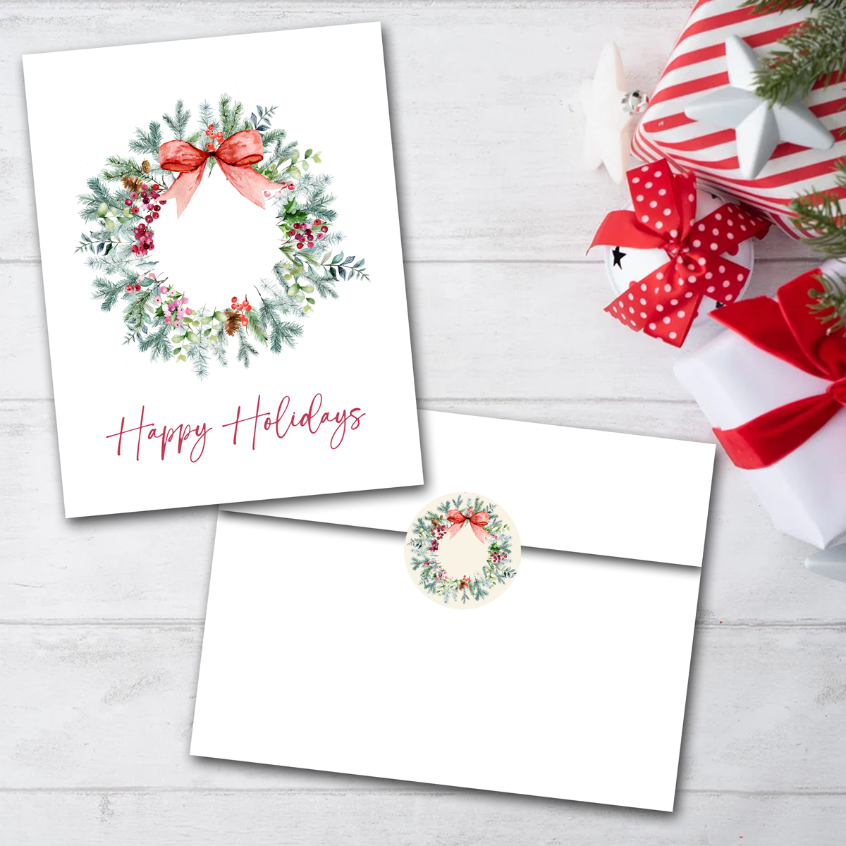 Watercolour Wreath Christmas Cards - Blank Inside - Set of 6 with Envelopes + Seals