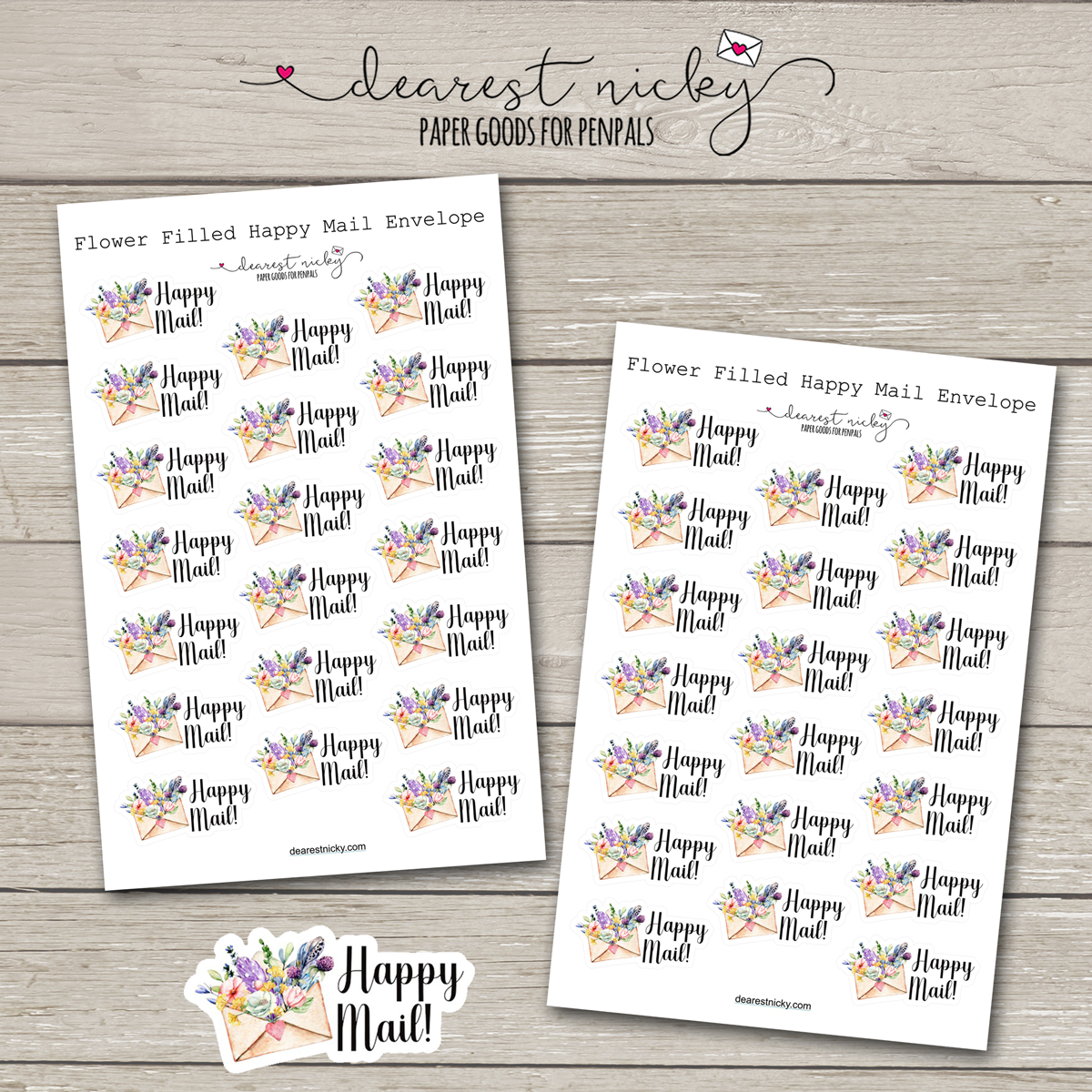 Flower Filled Envelope Happy Mail Stickers - 2 Sheets