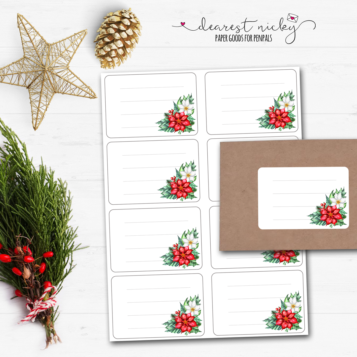 Poinsettia Garland Mailing Address Labels - Set of 16