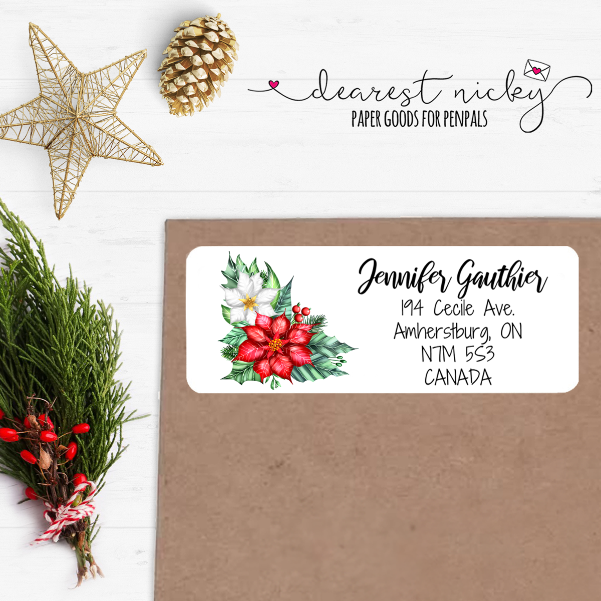 Poinsettia Garland Custom Return Address Labels Set of 30
