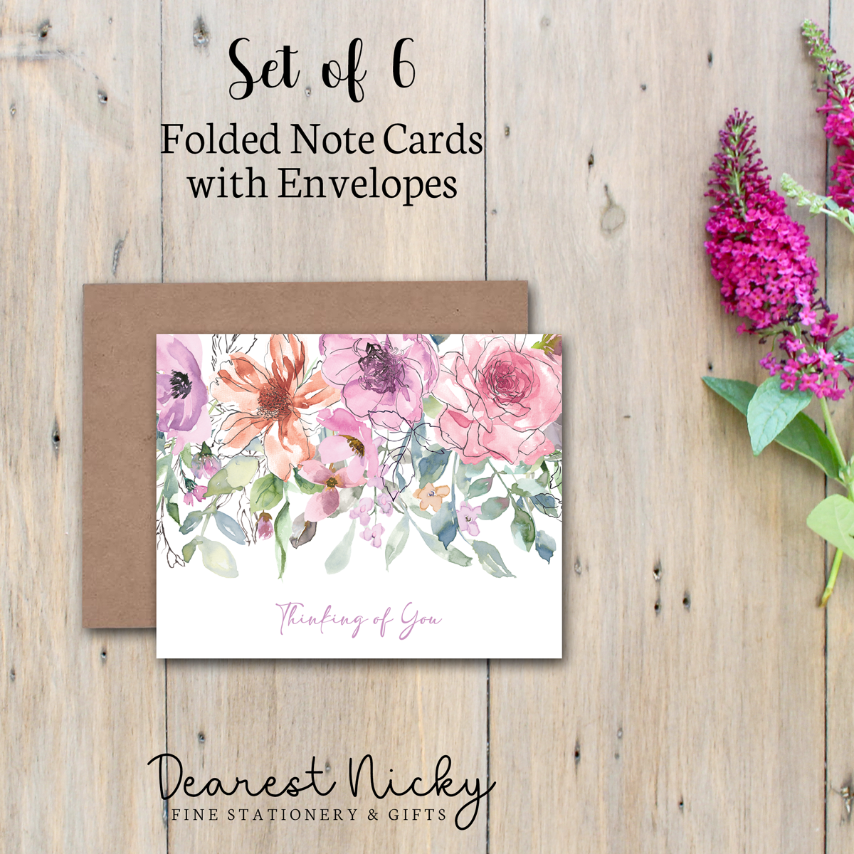 Blush Floral Thinking of You Folded Note Cards - Blank Inside - Set of 6 with Envelopes