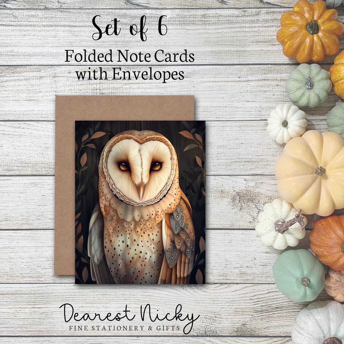 Barn Owl Folded Note Cards - Blank Inside - Set of 6 with Envelopes