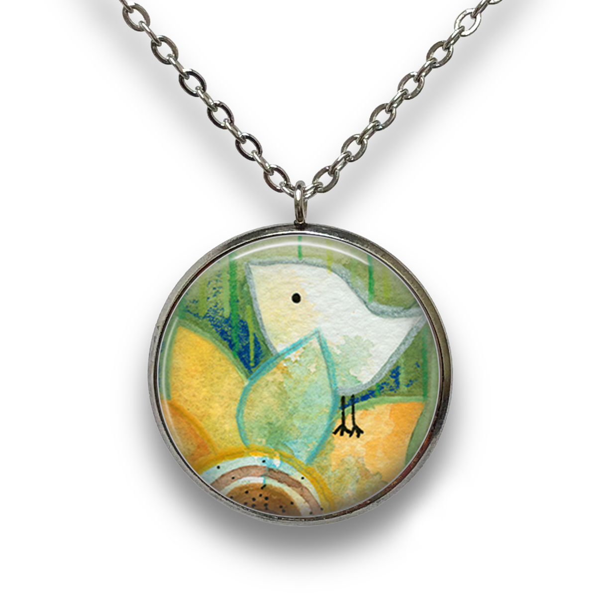 Bird on Sunflower Pendant with Necklace