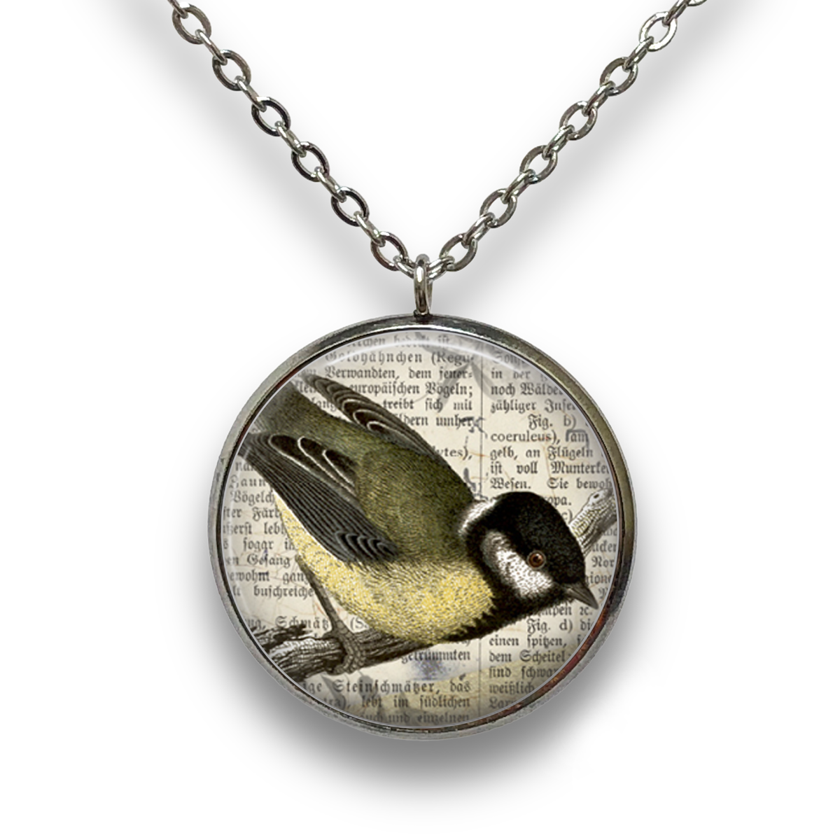 Bird on News Print Pendant with Necklace