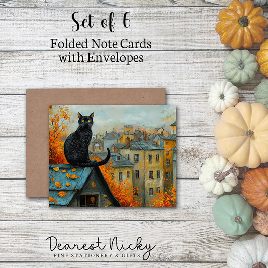 Black Cat on Rooftop Folded Note Cards - Blank Inside - Set of 6 with Envelopes