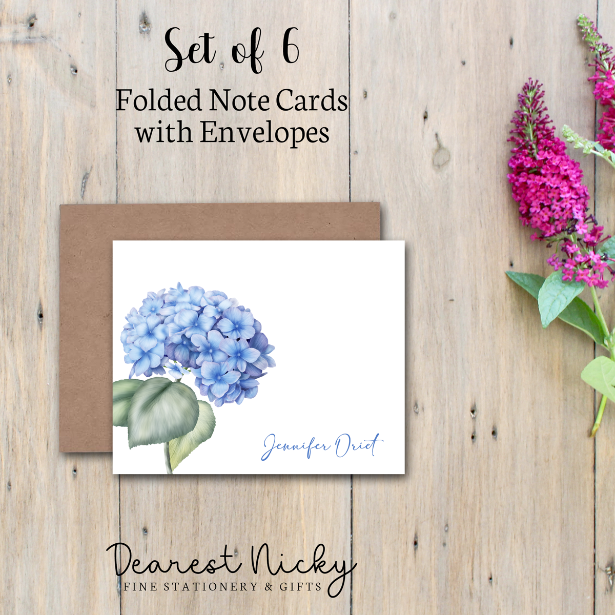 Blue Hydrangea Personalized Folded Note Cards - Blank Inside - Set of 6 with Envelopes