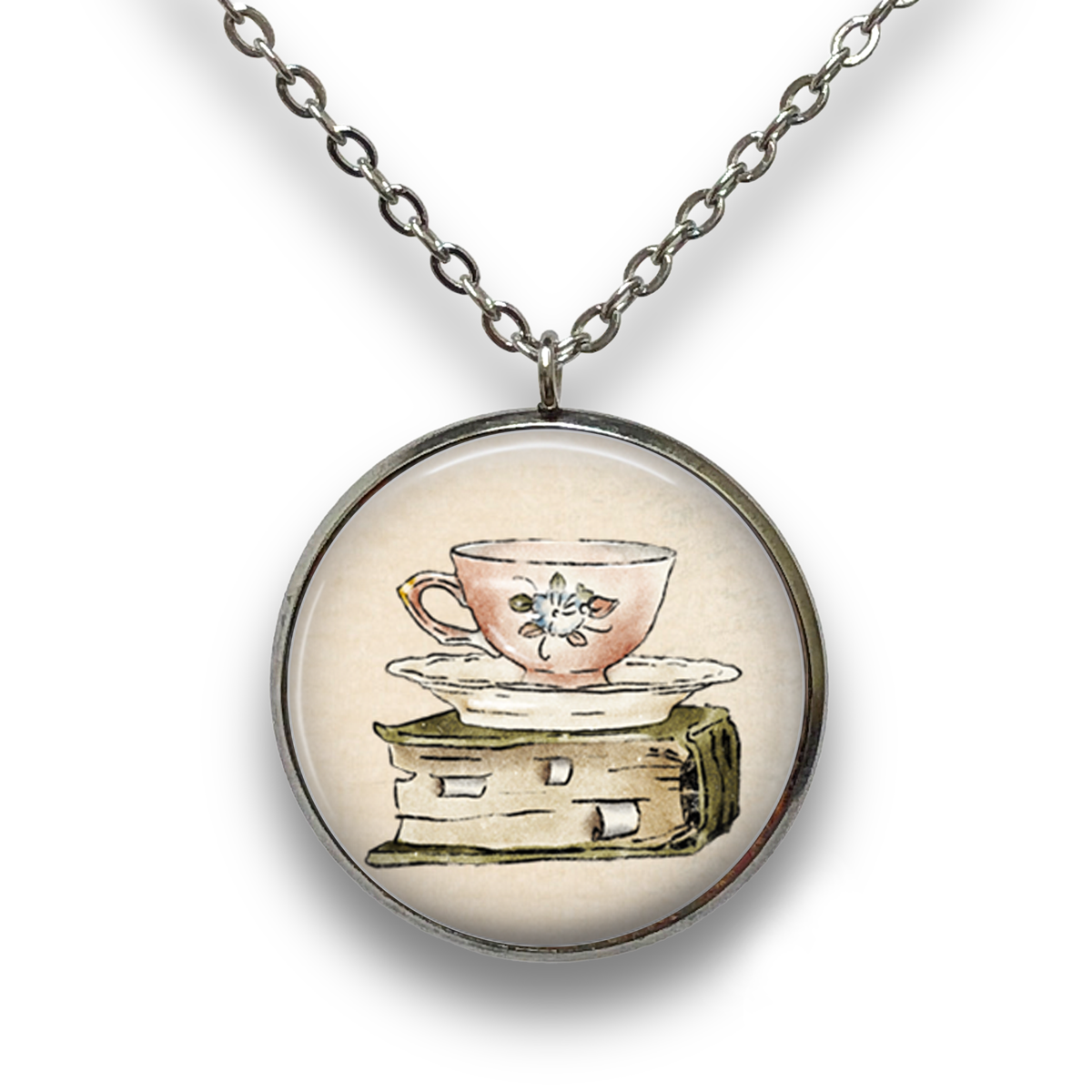 Book & Tea Pendant with Necklace