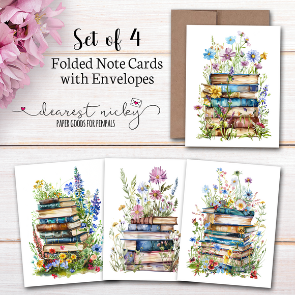 Books & Wildflowers Folded Note Cards - Blank Inside - Set of 4 with Envelopes