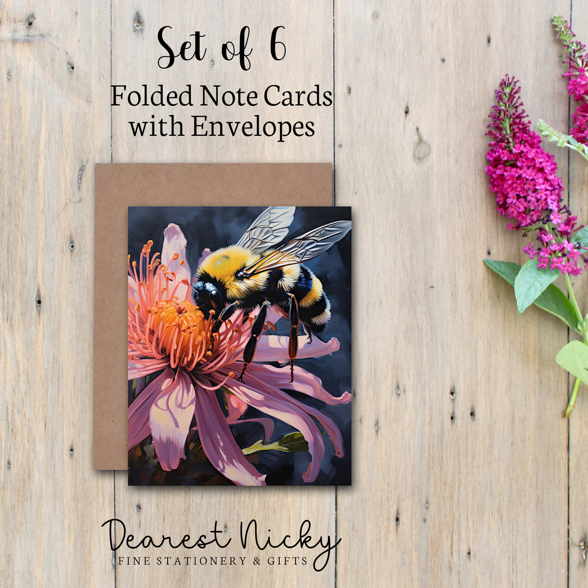 Bumble Bee Folded Note Cards - Blank Inside - Set of 6 with Envelopes