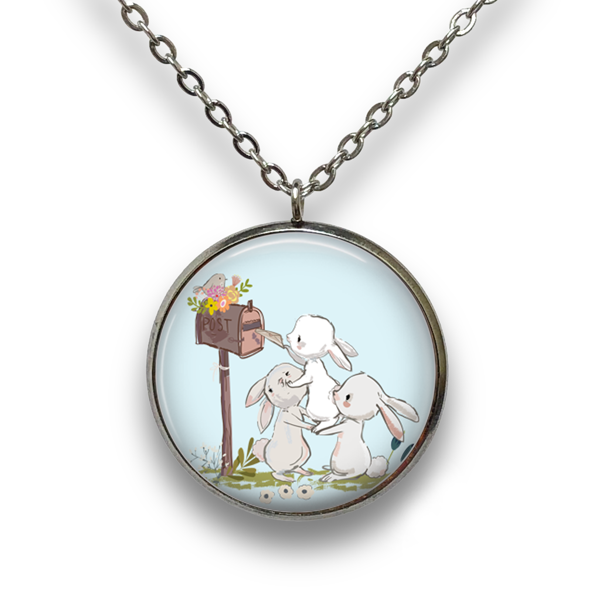 Bunnies & Mailbox Pendant with Necklace