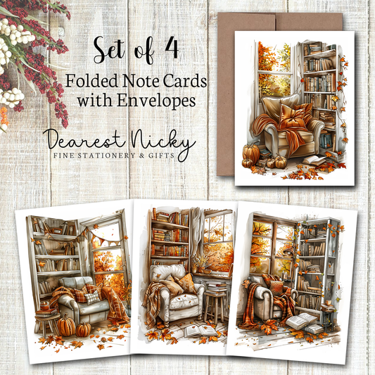 Fall Reading Nooks Folded Note Cards - Blank Inside - Set of 4 with Envelopes