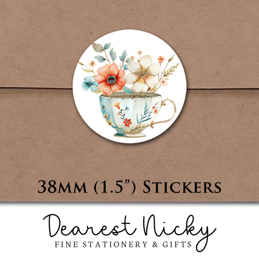 Floral Tea Set Envelope Seals - Set of 30 Stickers