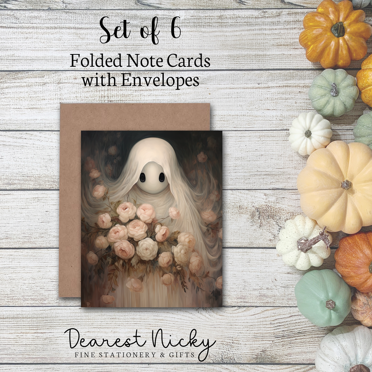 Ghostly Bouquet Folded Note Cards - Blank Inside - Set of 6 with Envelopes