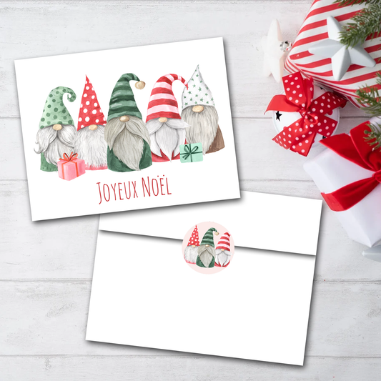 Gnomes Christmas Cards- Joyeux Noël - Blank Inside - Set of 6 with Envelopes + Seals