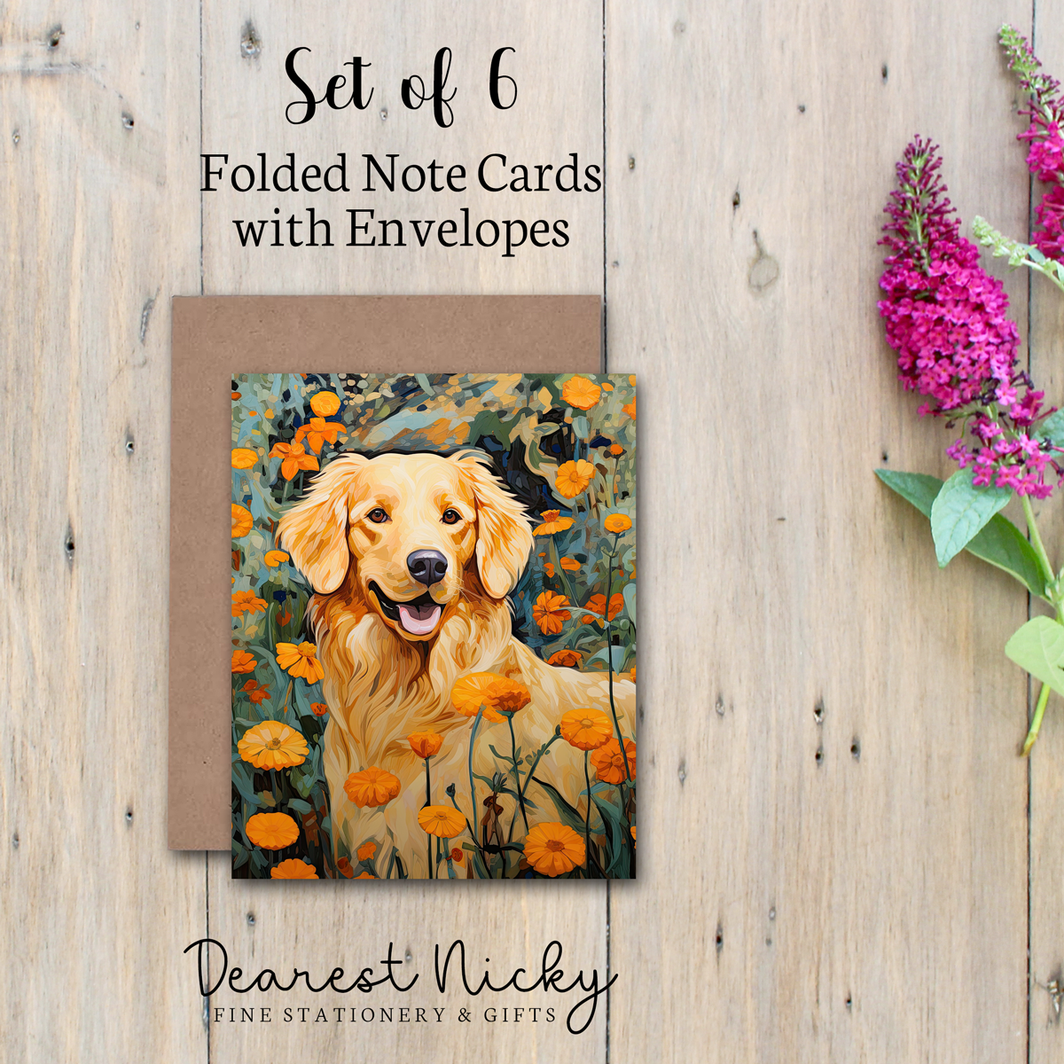 Golden Retriever Folded Note Cards - Blank Inside - Set of 6 with Envelopes