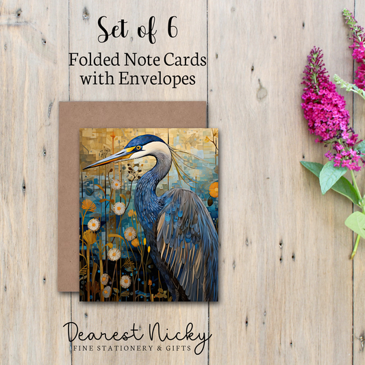 Great Blue Heron Folded Note Cards - Blank Inside - Set of 6 with Envelopes