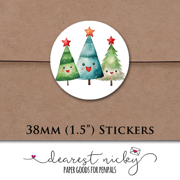 Happy Christmas Trees Envelope Seals <br> Set of 30 Stickers