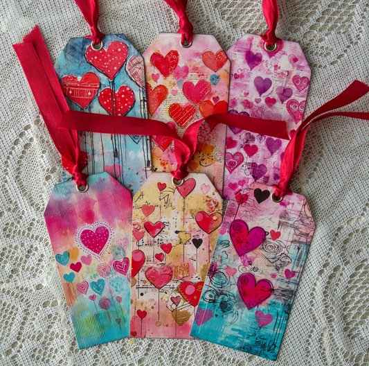 Happy Hearts Tags - Gift Tags, Junk Journal Tags, Bookmarks -  Set of 6