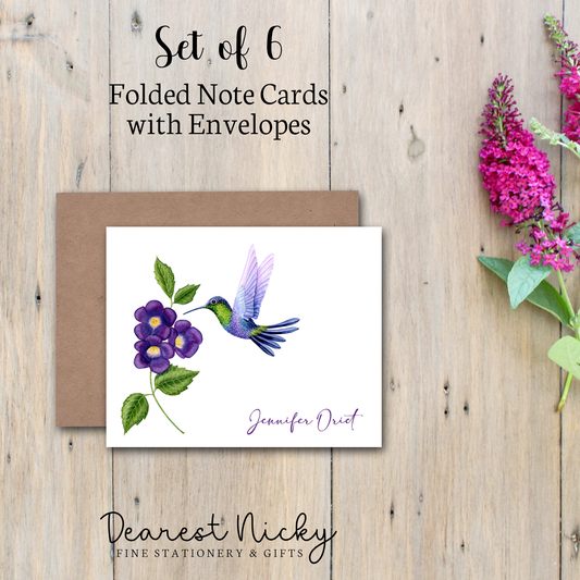 Hummingbird Personalized Folded Note Cards - Blank Inside - Set of 6 with Envelopes