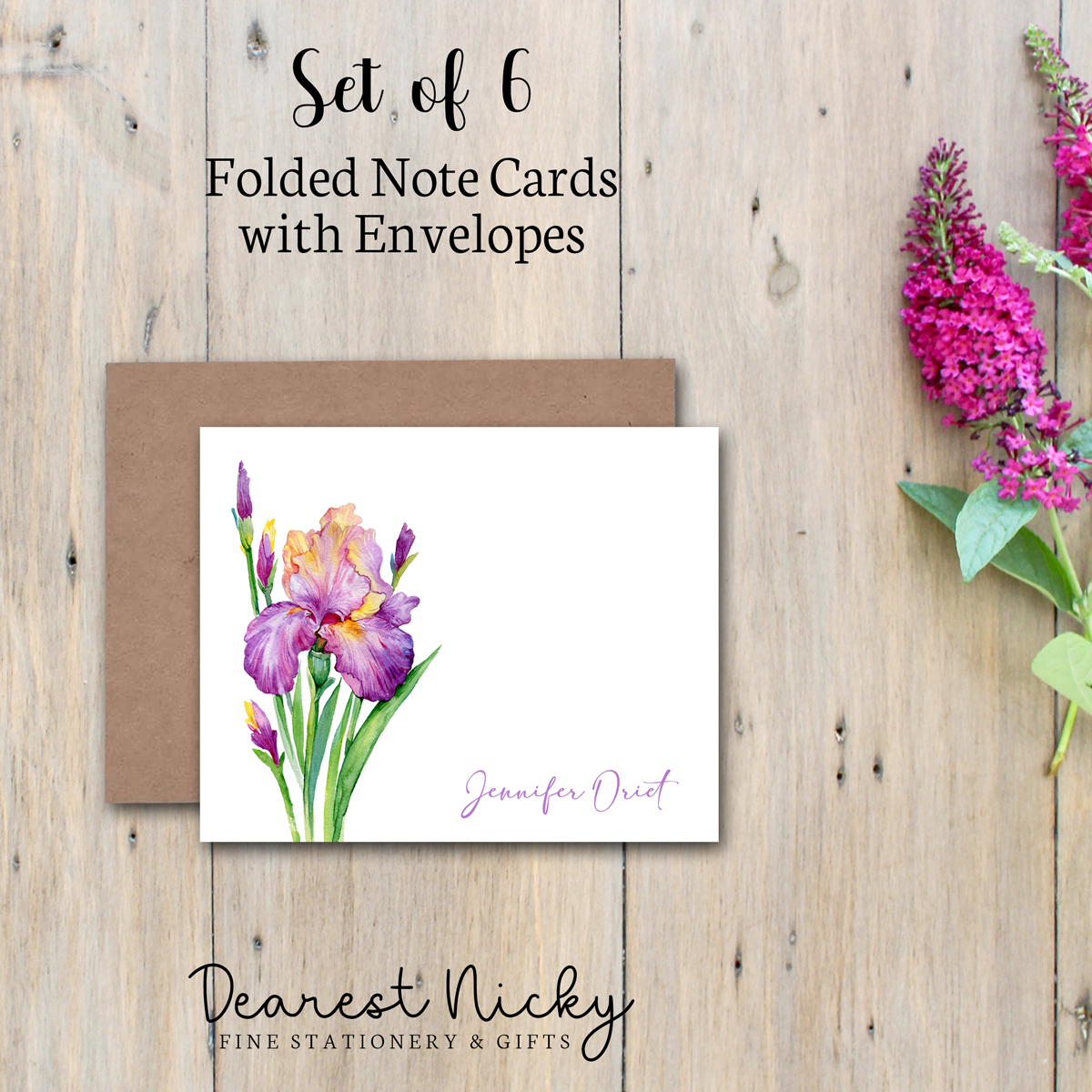 Iris Personalized Folded Note Cards - Blank Inside - Set of 6 with Envelopes