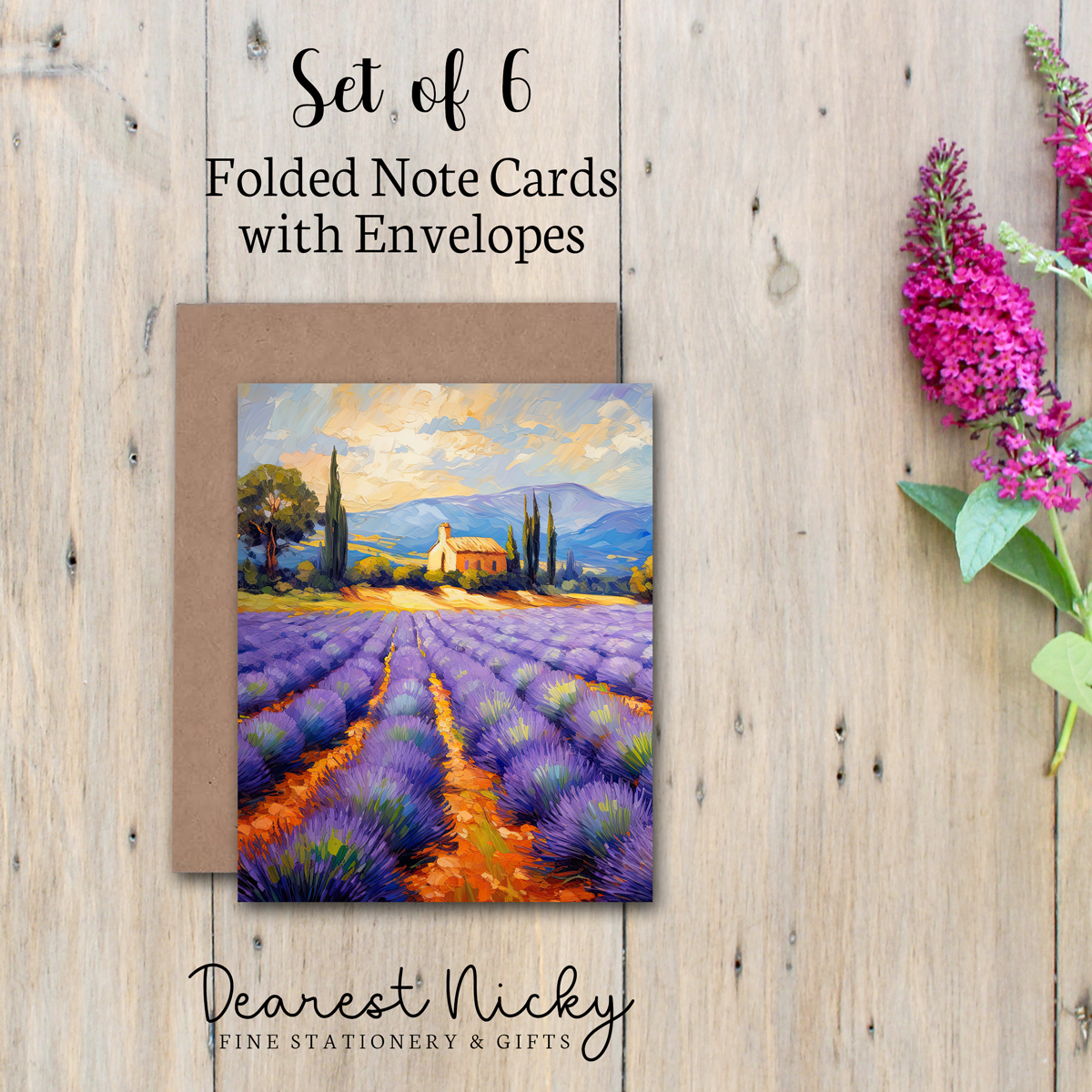 Lavender Field Folded Note Cards - Blank Inside - Set of 6 with Envelopes