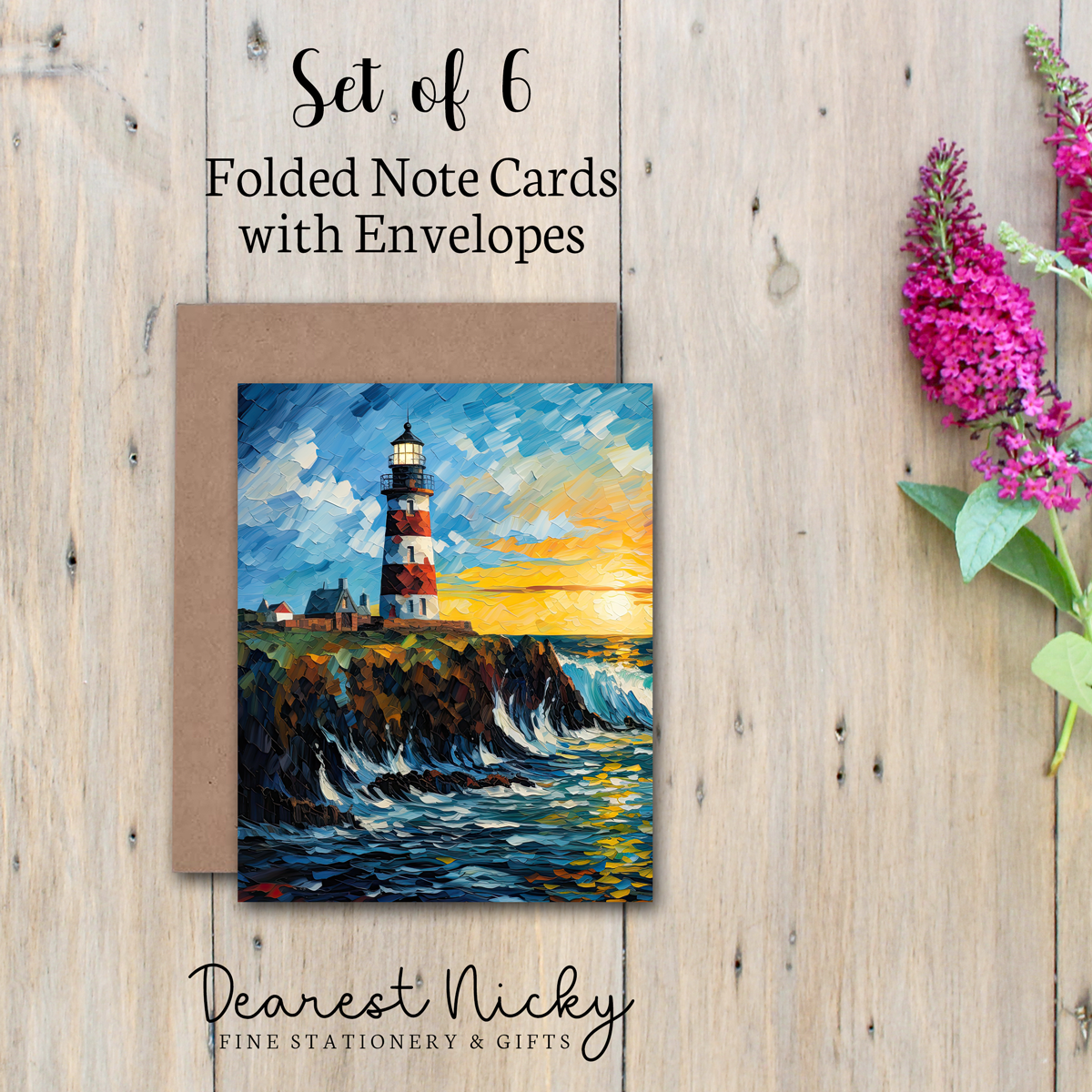 Lighthouse Folded Note Cards - Blank Inside - Set of 6 with Envelopes