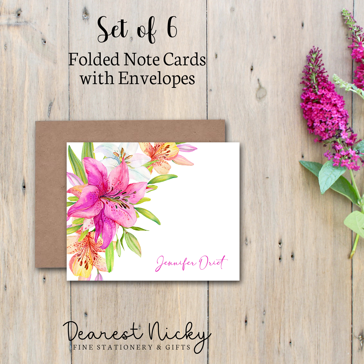 Lilies Personalized Folded Note Cards - Blank Inside - Set of 6 with Envelopes