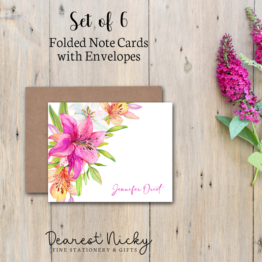 Lilies Personalized Folded Note Cards - Blank Inside - Set of 6 with Envelopes