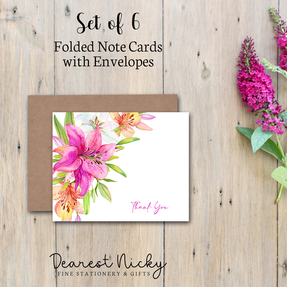 Lilies Thank You Folded Note Cards - Blank Inside - Set of 6 with Envelopes