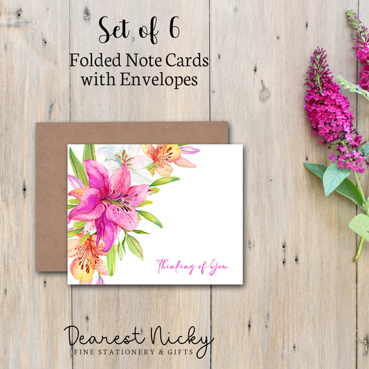 Lilies Thinking of You Folded Note Cards - Blank Inside - Set of 6 with Envelopes