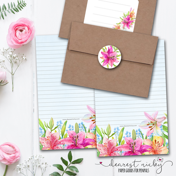 Pink Lillies Floral Letter Papers - Set of 25 floral stationery papers are  8 1/2 x 11, compatible computer paper, Easter, Wedding & Bridal Shower  Flyers, Invitations, or Letter Paper 