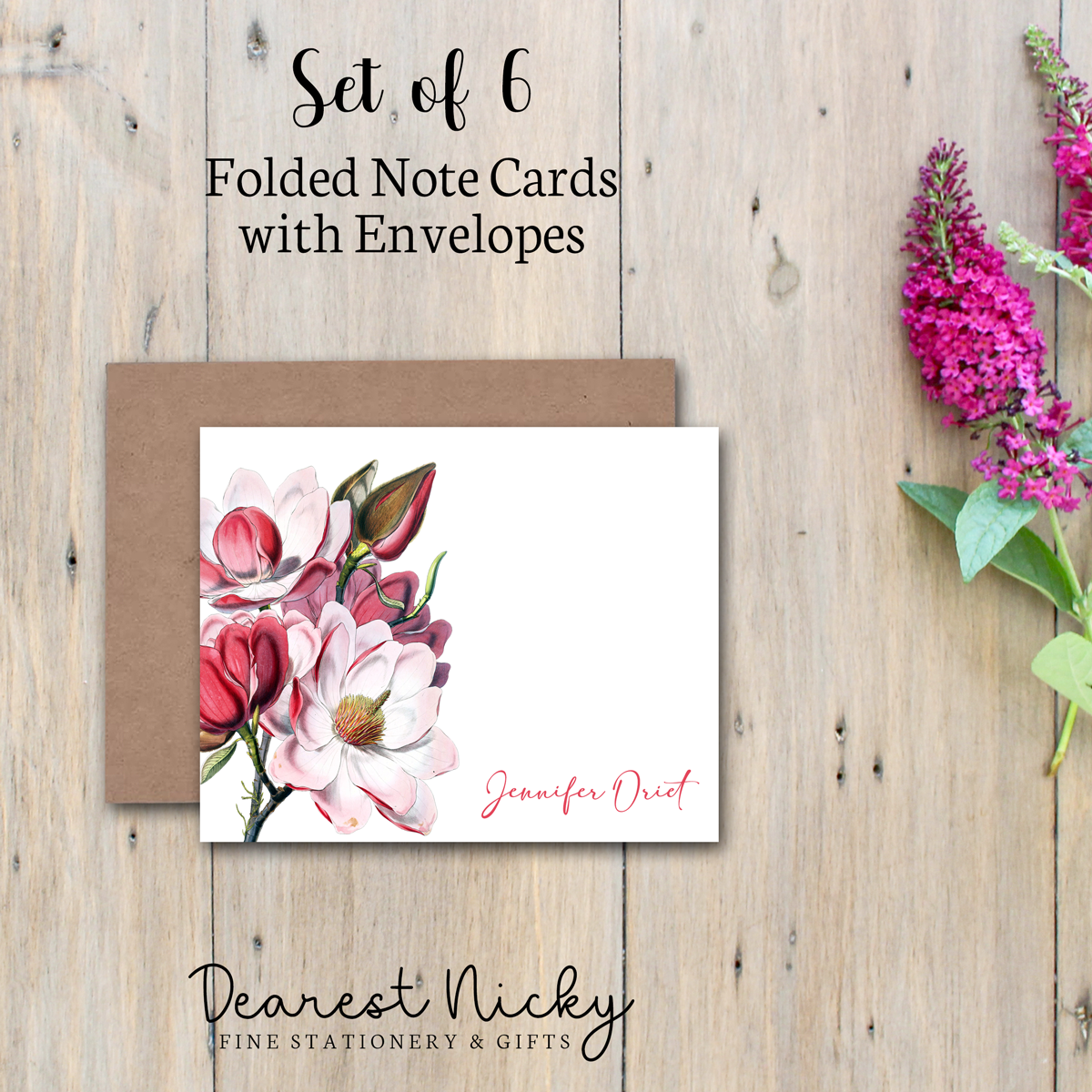 Vintage Magnolia Personalized Folded Note Cards - Blank Inside - Set of 6 with Envelopes