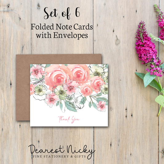 Mauve Floral Thank You Folded Note Cards - Blank Inside - Set of 6 with Envelopes