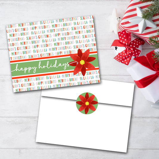 Merry & Bright Christmas Cards - Blank Inside - Set of 6 with Envelopes + Seals