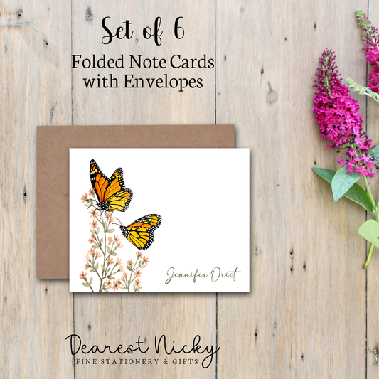 Monarch Butterflies Personalized Folded Note Cards - Blank Inside - Set of 6 with Envelopes