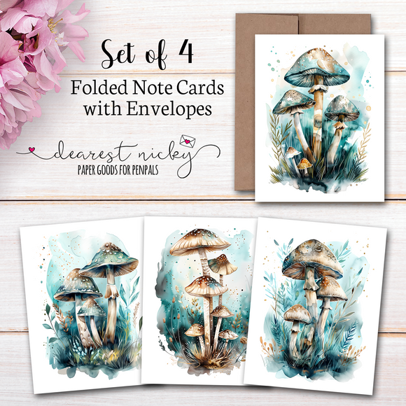 Mushrooms Folded Note Cards - Blank Inside - Set of 4 with Envelopes