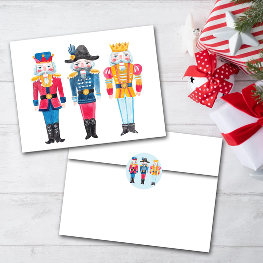 Nutcracker Trio Christmas Cards - Blank Inside - Set of 6 with Envelopes + Seals