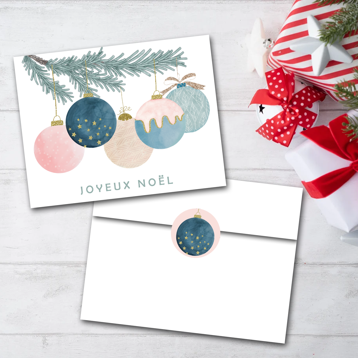 Ornaments Christmas Cards - Joyeux Noël - Blank Inside - Set of 6 with Envelopes + Seals