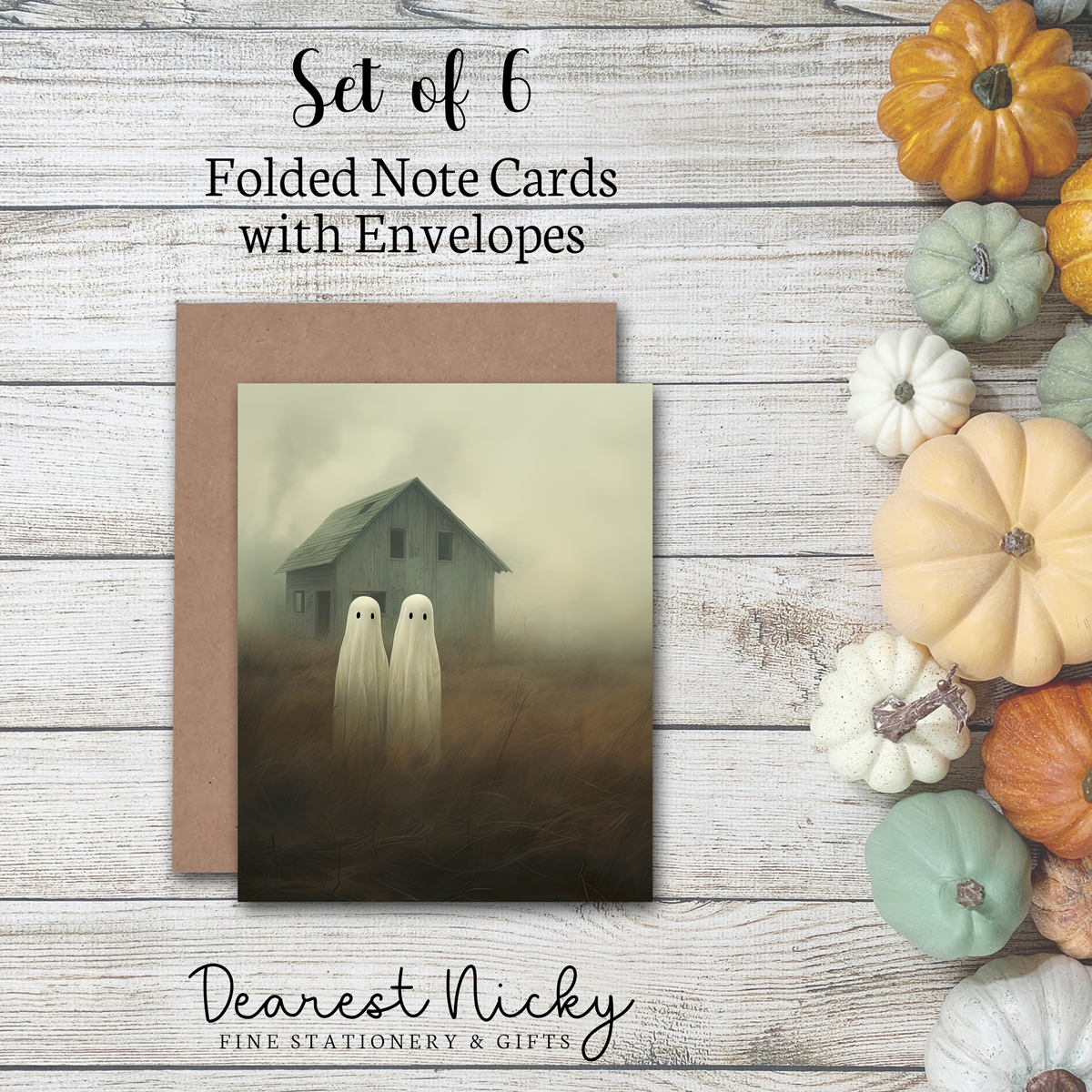 Pair Of Ghosts Folded Note Cards - Blank Inside - Set of 6 with Envelopes