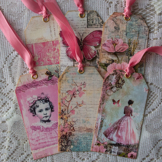 Pink Tags - Gift Tags, Junk Journal Tags, Bookmarks -  Set of 6