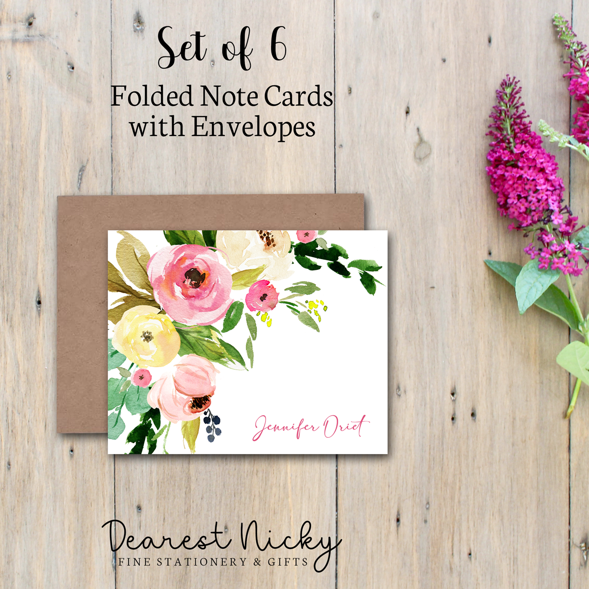 Soft Floral Personalized Folded Note Cards - Blank Inside - Set of 6 with Envelopes