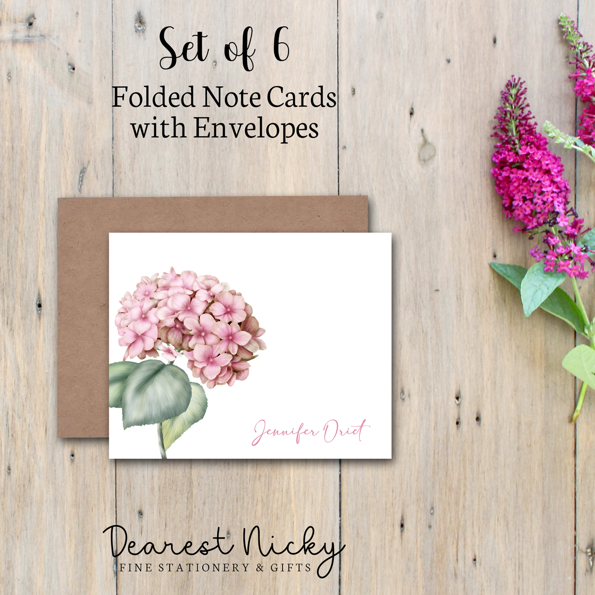 Pink Hydrangea Personalized Folded Note Cards - Blank Inside - Set of 6 with Envelopes