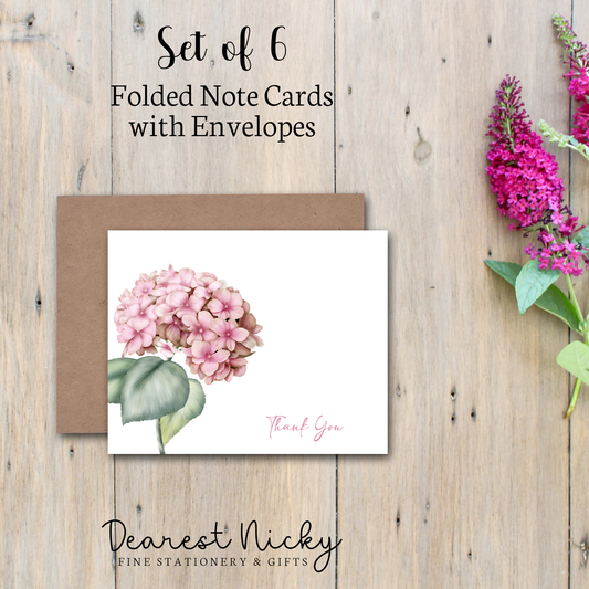 Pink Hydrangea Thank You Folded Note Cards - Blank Inside - Set of 6 with Envelopes