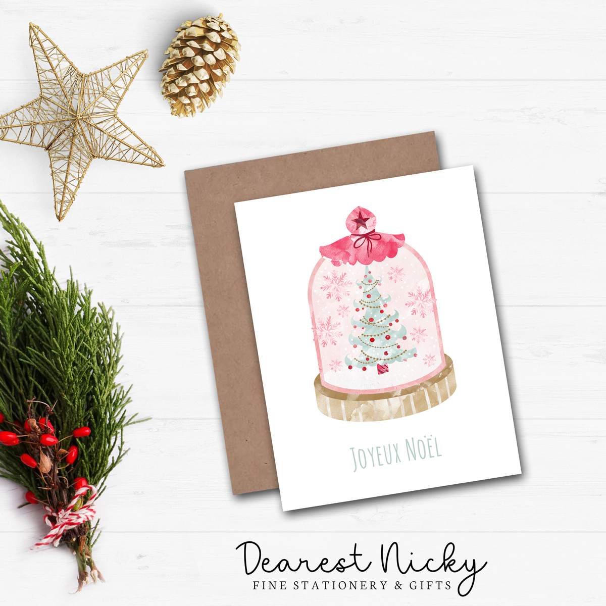 Pink Snow Globe Christmas Cards - Joyeux Noël - Blank Inside - Set of 6 with Envelopes