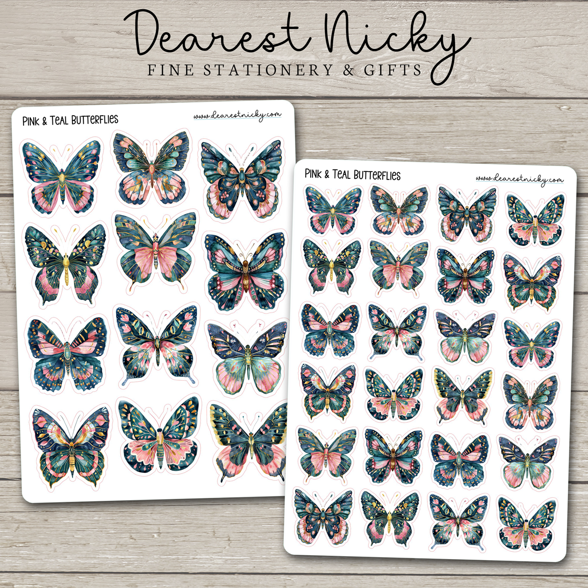 Pink & Teal Butterflies Stickers - 2 Sheets