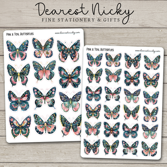 Pink & Teal Butterflies Stickers - 2 Sheets