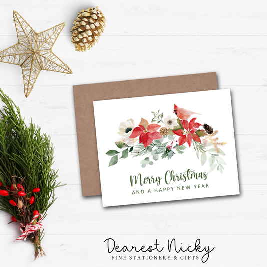 Poinsettias & Cardinal Christmas Cards - Merry Christmas - Blank Inside - Set of 6 with Envelopes