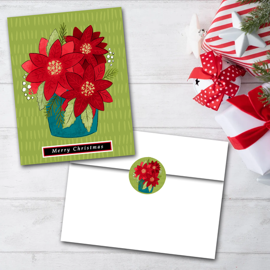 Poinsettia Christmas Cards - Blank Inside - Set of 6 with Envelopes + Seals